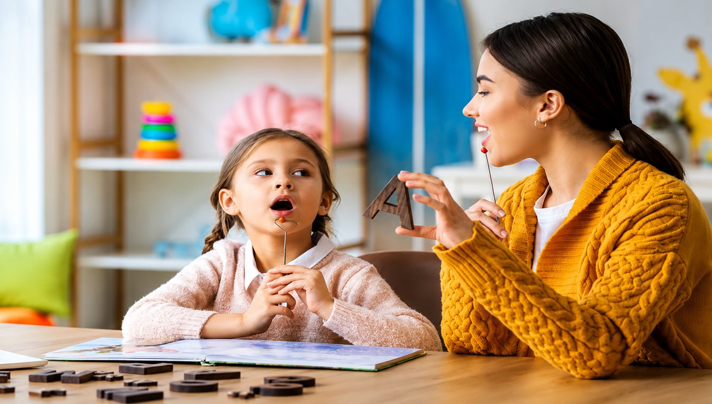 Sesión de terapia fonoaudiológica con una niña