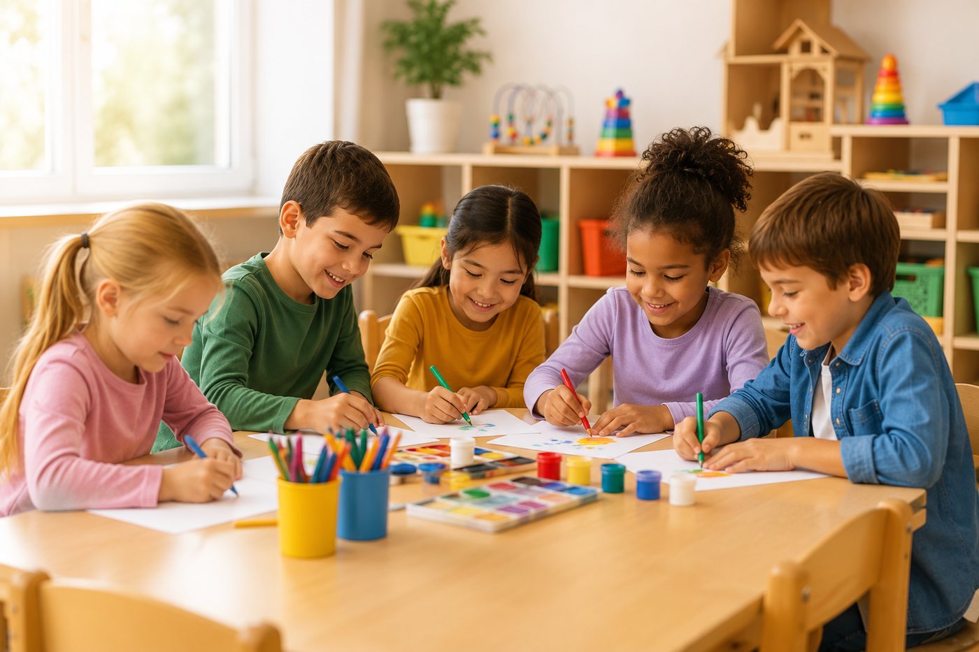 Niños y niñas trabajando juntos en una actividad psicoeducativa