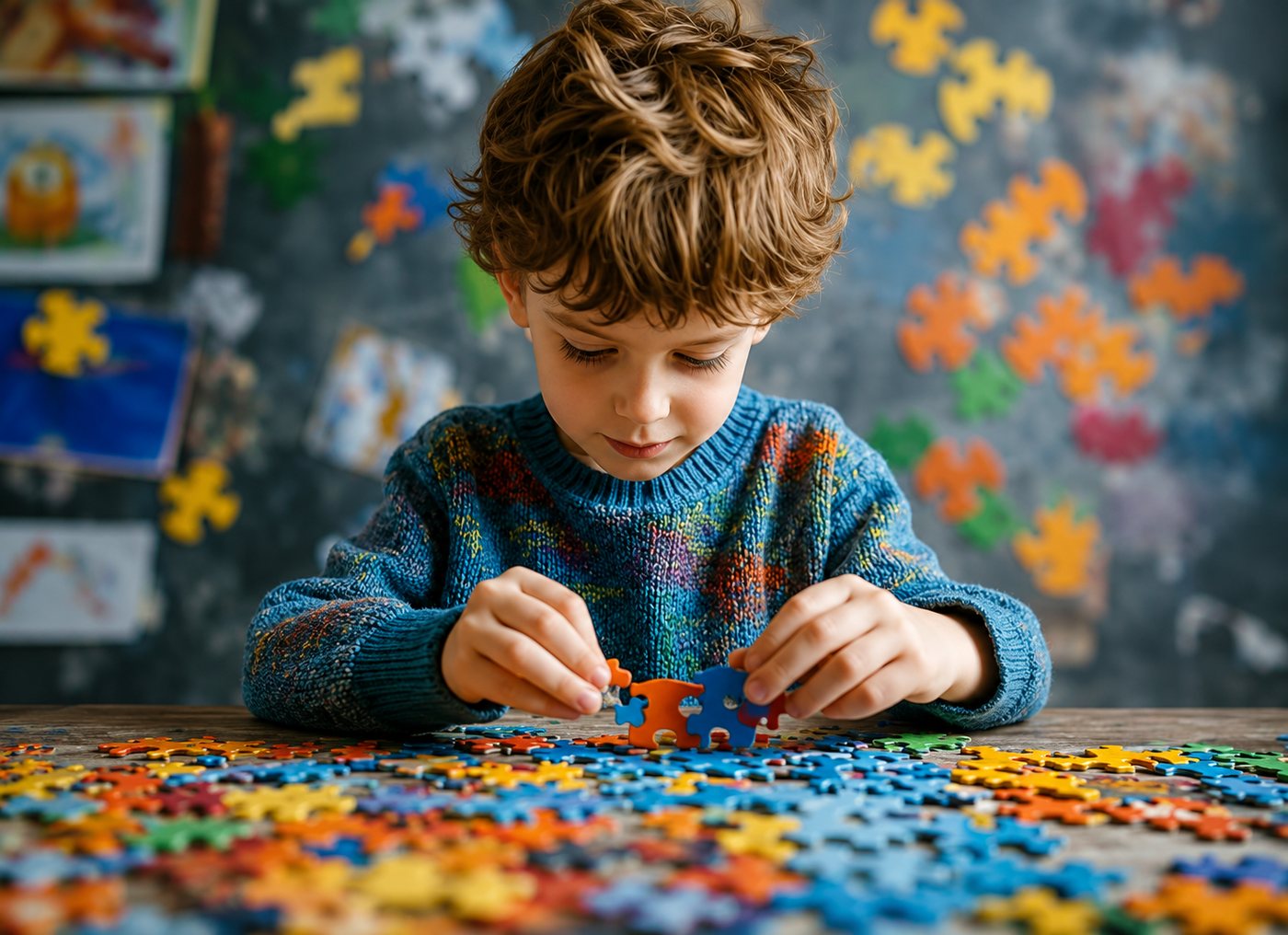 Niño armando un puzzle durante una sesión de terapia neuropsicológica