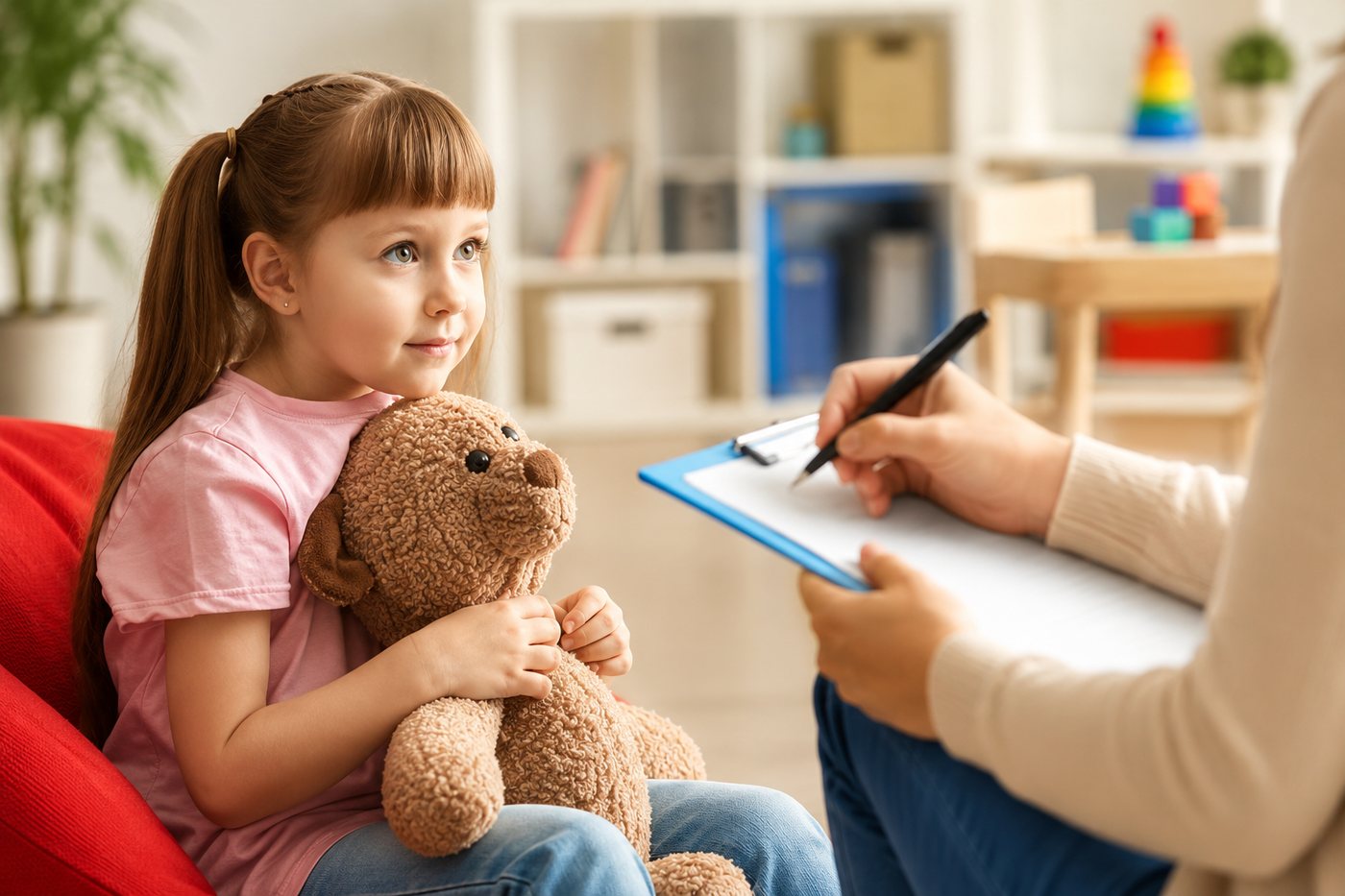 Niña en sesión de psicoterapia infantil junto a una profesional