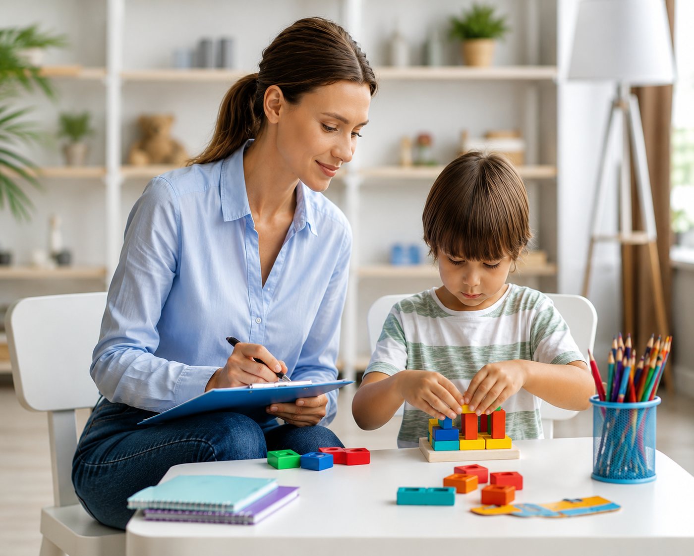 Profesional acompañando a un niño durante una sesión de evaluación